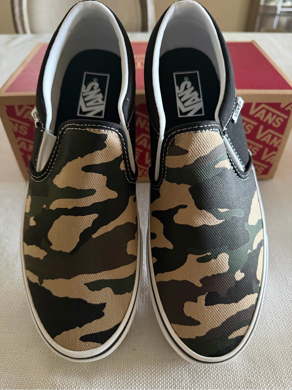 Vans Slip-On Sneakers in Camo Green and Tan
